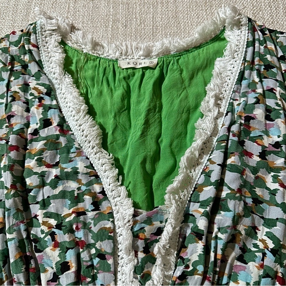 KORI Green Multi Color V-Neck Hi-Li Dress Lined Fringe Lace Flutter Boho Wmn S - Picture 2 of 14